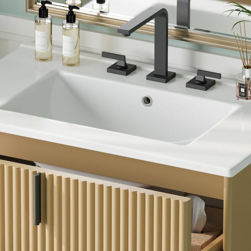 Bathroom Vanity with Ceramic Sink, Freestanding Bathroom Storage Cabinet, Fluted Bathroom Vanity with 2 Full-Extension Drawers