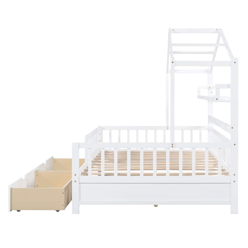 Full Pine House Bed with Roof, Drawers, and Shelf