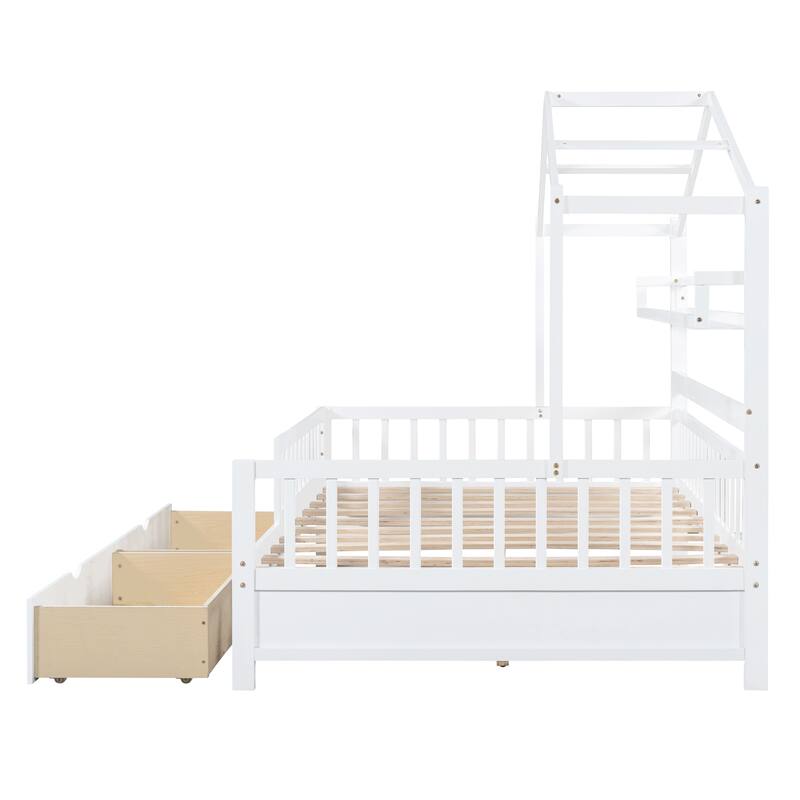 Pine House Bed with Roof, Drawers, and Shelf