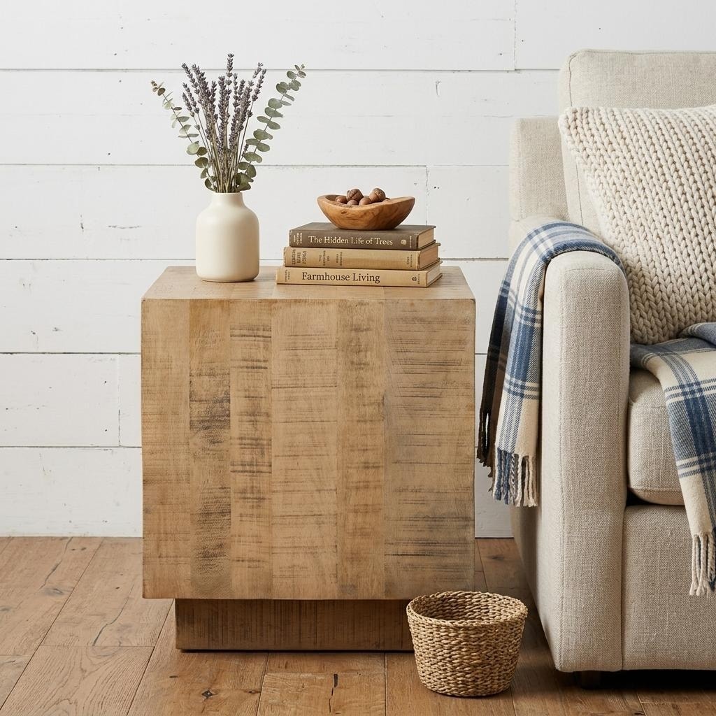 HomeRoots 24" Natural Distressed Solid Wood Square Block End Table - 22.00 in. x 24.00 in. x 22.00 in.