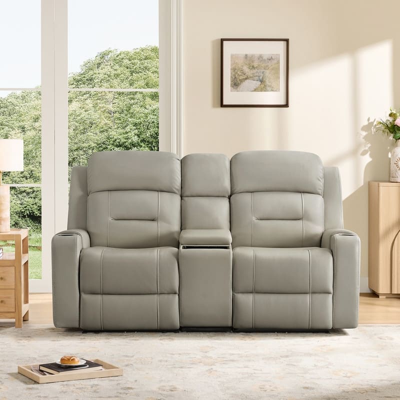 Spruce & Spring Genuine Leather Power Reclining Sofa with Wireless Charging - 2PC+Console - Light Gray
