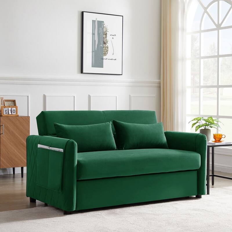 59.5" Modern Convertible Sofa Bed with 2 Detachable Arm Pockets, Velvet Loveseat Sofa with Pull Out Bed