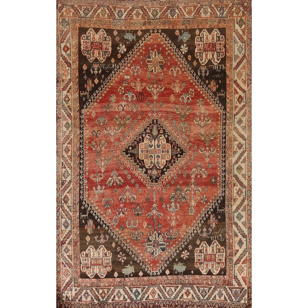 Geometric Shiraz Persian Antique Area Rug Hand-knotted Wool Carpet - 4'10"x 7'10"