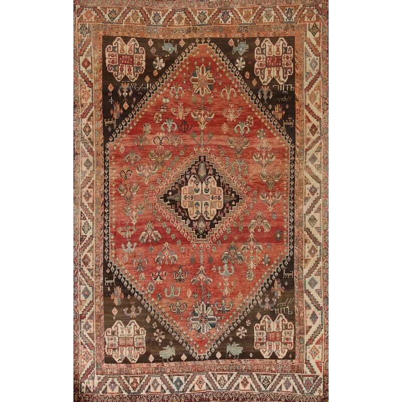 Geometric Shiraz Persian Antique Area Rug Hand-knotted Wool Carpet - 4'10"x 7'10"