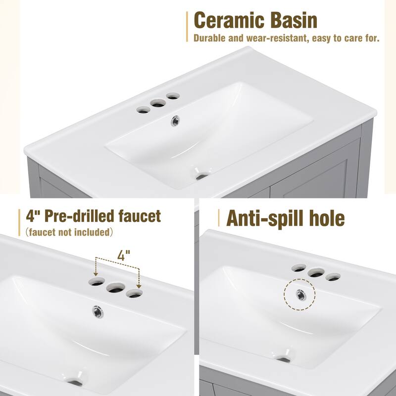 30-Inch Gray Bathroom Vanity with Ceramic Undermount Sink, Soft-Close Doors, and Adjustable Storage Compartments