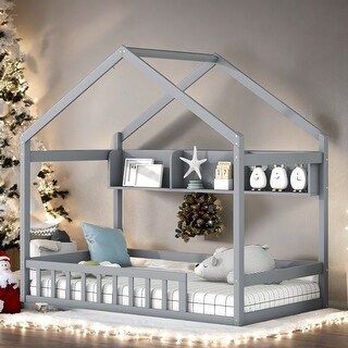Kids and Baby Twin Size House Bed with Fence and Roof with Storage Shelf