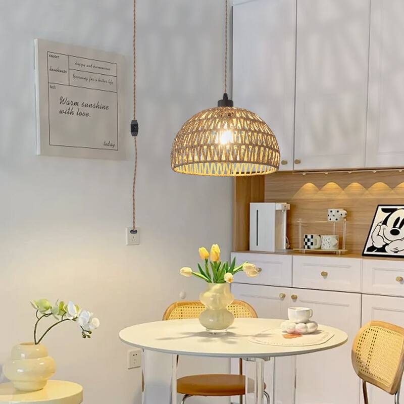 Plug in Handwoven Hemp Rope Lampshade Pendant Light with On/Off Switch