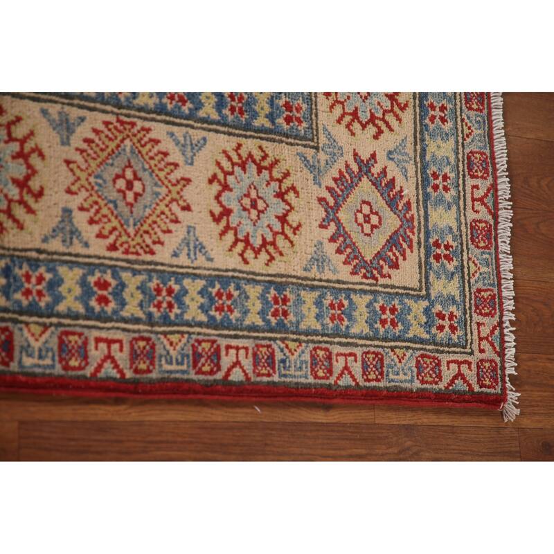 Red Geometric Kazak Area Rug Handmade Oriental Wool Carpet - 6'0" x 8'10"