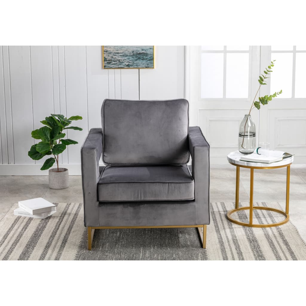 Upholstered Velvet Armchair With Steel Base - 35.5" - Gray