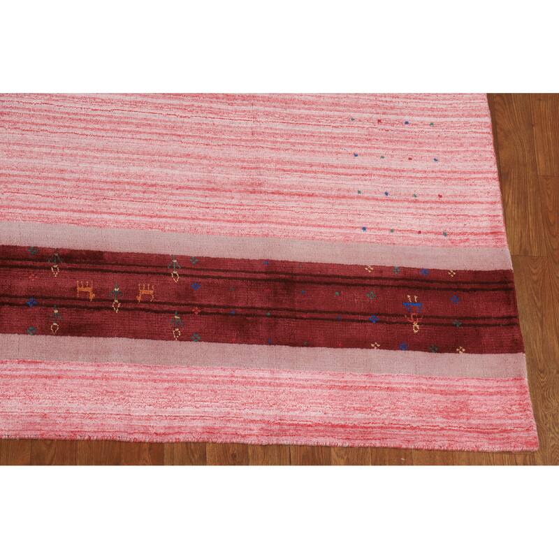 Striped Pink Gabbeh Indian Area Rug Hand-Knotted Wool Carpet - 8'2" x 9'11"
