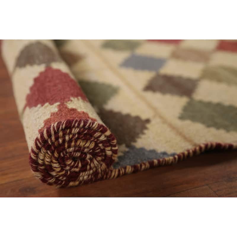 Geometric Kilim Oriental Area Rug Hand-Woven Beige Wool Carpet - 3'9"x 6'0"