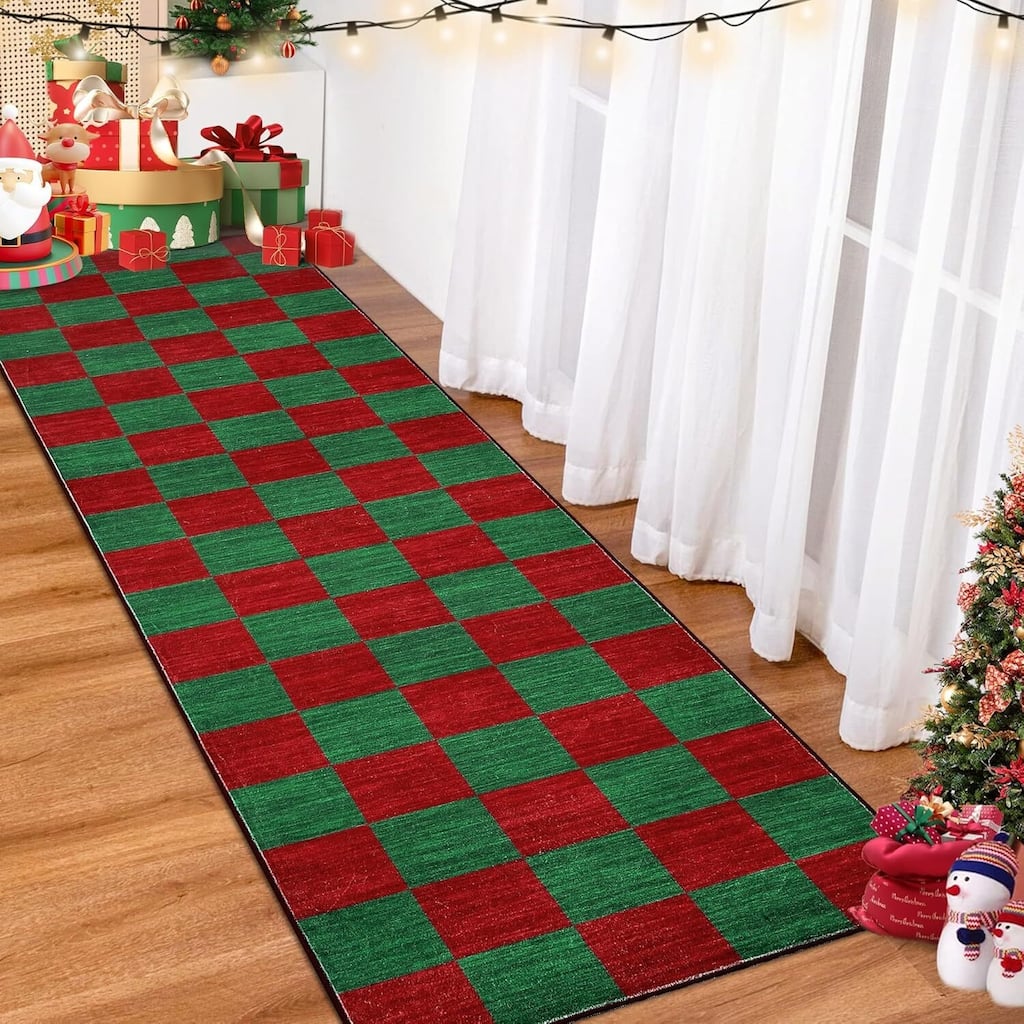 Grid Pattern Washable Christmas Area Rug Indoor Floor Cover for Xmas Holiday Decoration, Red+Green