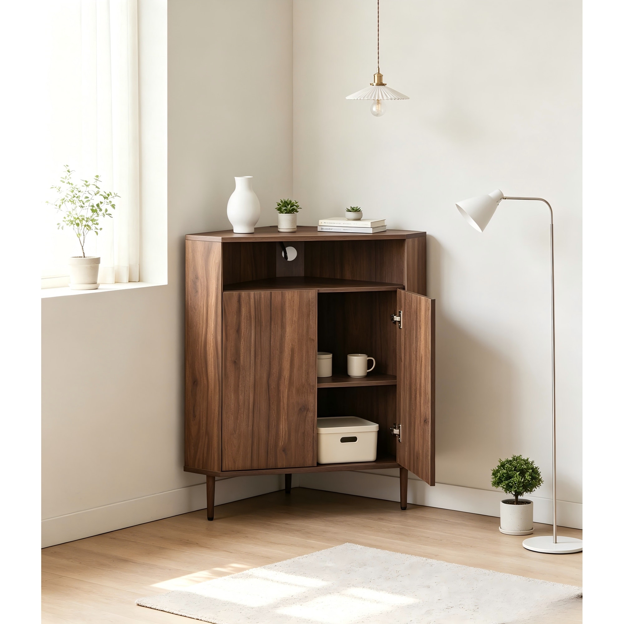 Walnut Brown Corner Storage Cabinet with Power Strip and 2 Doors - N/A