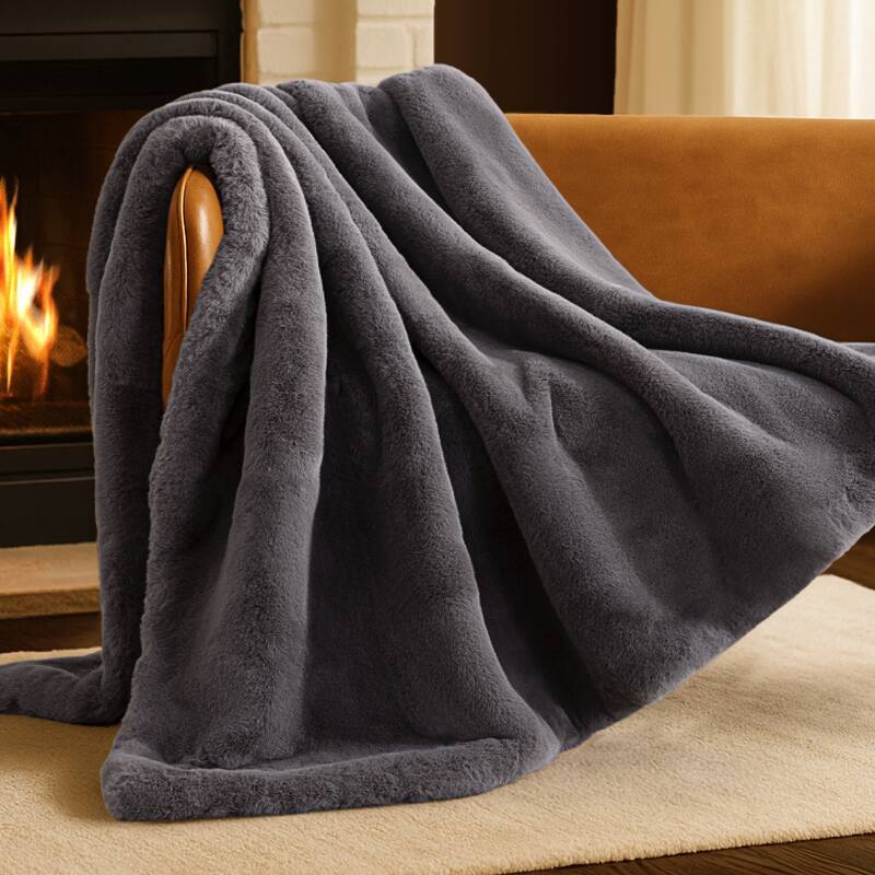 Bare Home Faux Fur Blanket - Ultra-Soft Blanket - Luxurious Fuzzy Warm - Throw 47" x 60" - Dark Grey