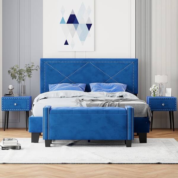 slide 2 of 14, Queen Bedroom Set with Rivet Bed Frame, Ottoman, and Nightstands Blue - Queen