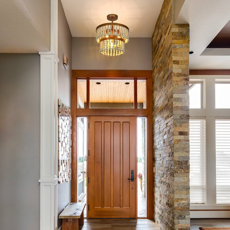 Coasa Modern Semi-flush Mount Lights 2-tier Drum Chandelier with Wooden Beads Entryway Dining room - D14'' x H17''