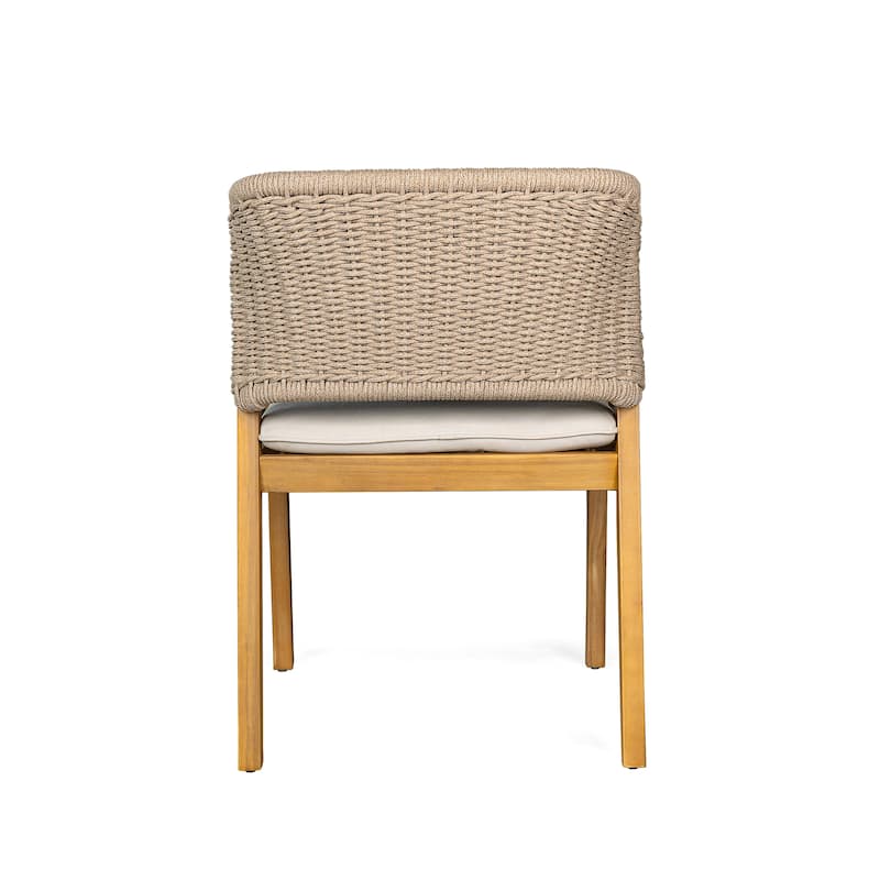 Roomfitters Outdoor Dining Chairs Set of 2, Woven Rope Back with Wood Frame and Cushions, Patio Seating in Natural Beige