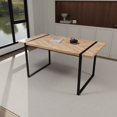 59 " dining table modern industrial rectangular MDF light wood,engineering wood tabletop and black rectangular metal legs