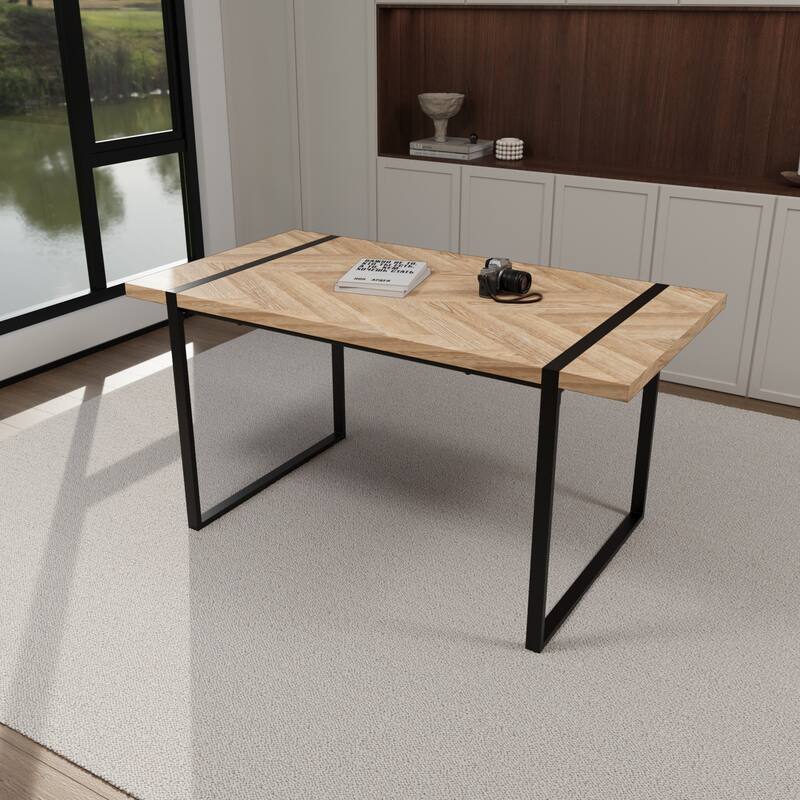 MDF light wood dining table and modern dining chair 4-piece set,medieval wooden kitchen dining table set, rectangular metal base