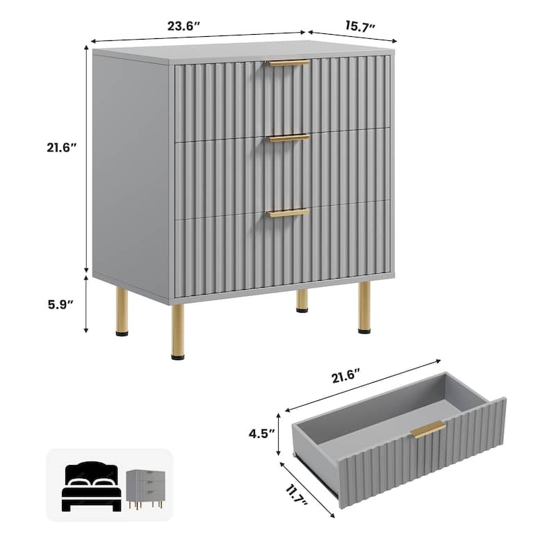 Fluted 3 Drawer Dresser for Bedroom, Modern Wooden Chest with Deep Drawers and Wide Top