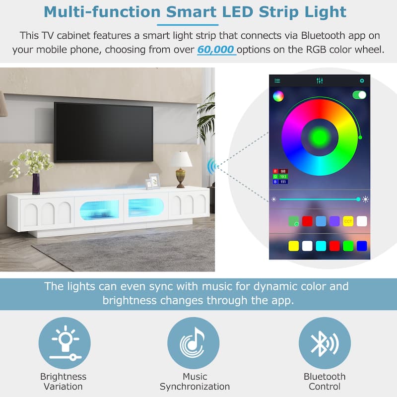 Stylish 95" TV Stand with Fluted Glass & App-Controlled LED Lights