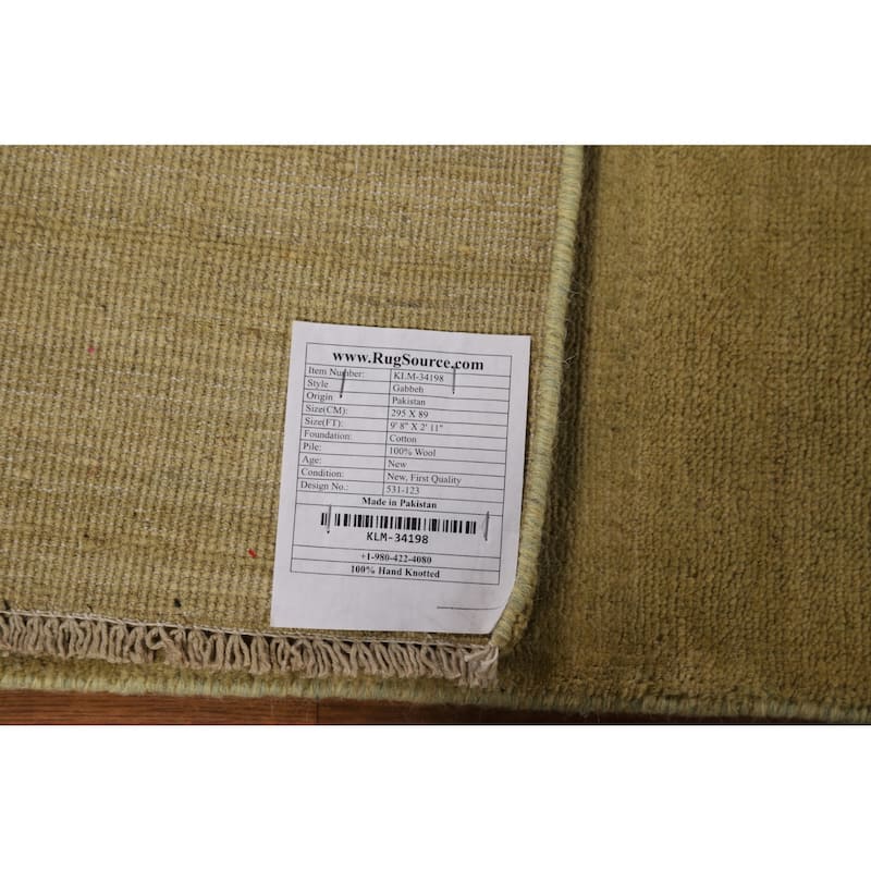 Green Gabbeh Modern Runner Rug Hand-Knotted Wool Carpet - 2'11"x 9'8"