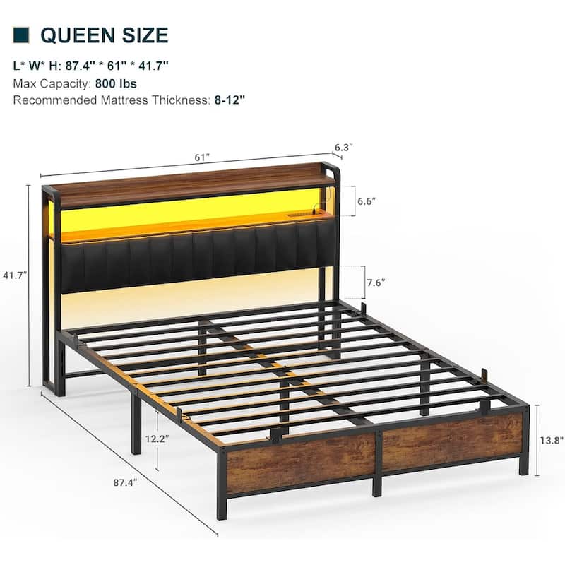 Platform Bed Frame with Upholstered Storage Headboard, Full/ Queen/ King Beds with Charge Station and LED Lights