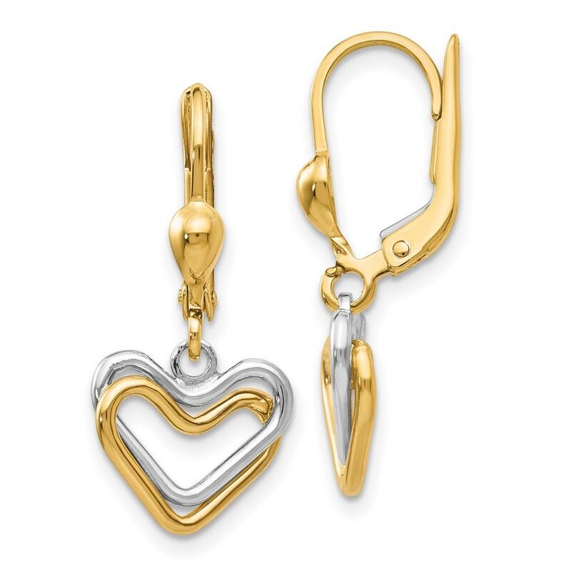 Curata 14k Two Tone Gold Polished Double Open Heart Leverback Dangle Earrings 29x12mm