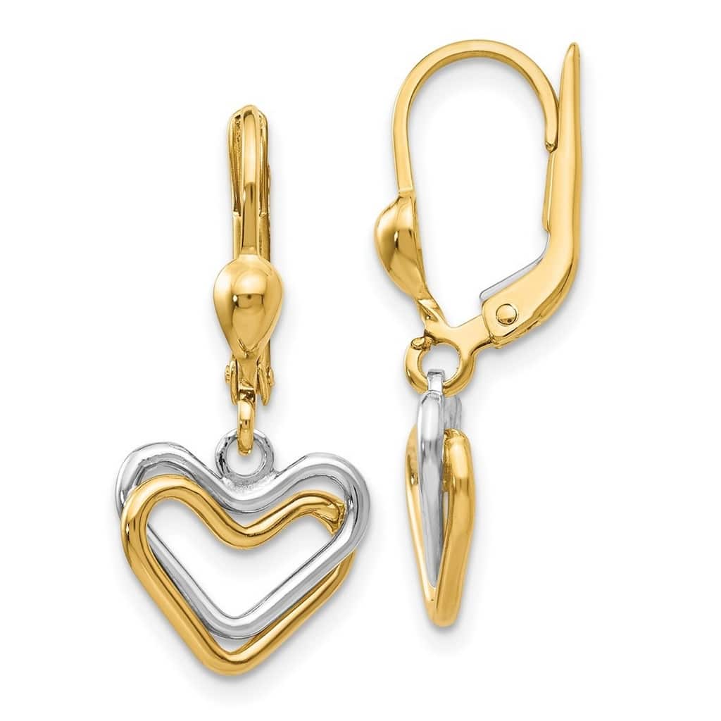 Curata 14k Two Tone Gold Polished Double Open Heart Leverback Dangle Earrings 29x12mm