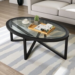 Modern Round Glass Coffee Table with Solid Wood Base - Bed Bath ...