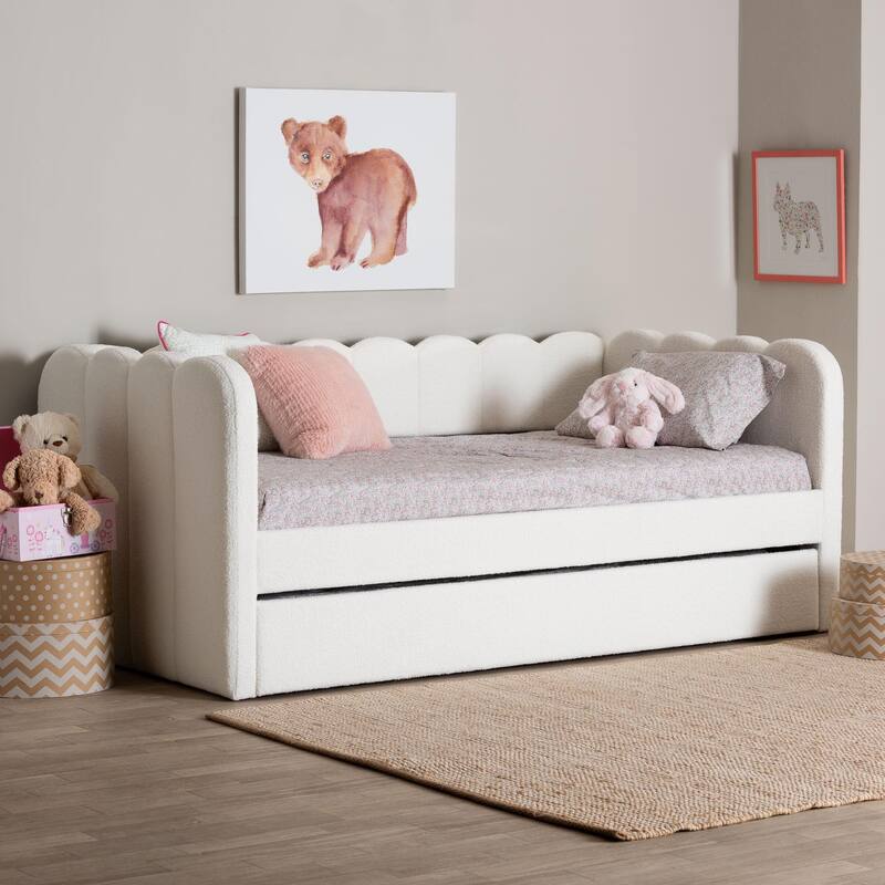Palmer Cream Teddy-Bear Fabric Daybed with Rolling Trundle - Scalloped Edge Daybed with Plush Upholstery, Modern Sofa Bed