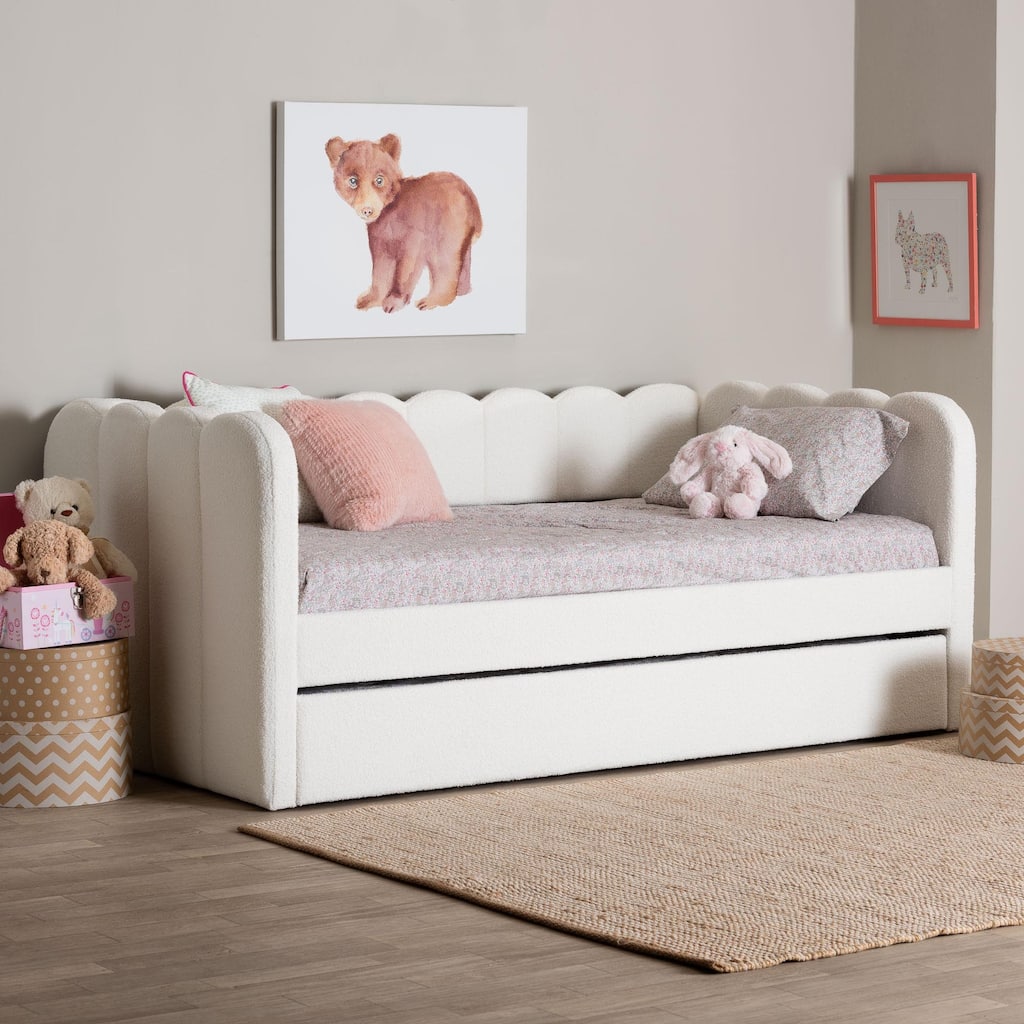 Palmer Cream Teddy-Bear Fabric Daybed with Rolling Trundle - Scalloped Edge Daybed with Plush Upholstery, Modern Sofa Bed