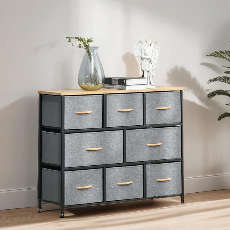 3-Tier 8-Drawer Dresser Fabric Chest Tower Organizer with Steel Frame - Grey