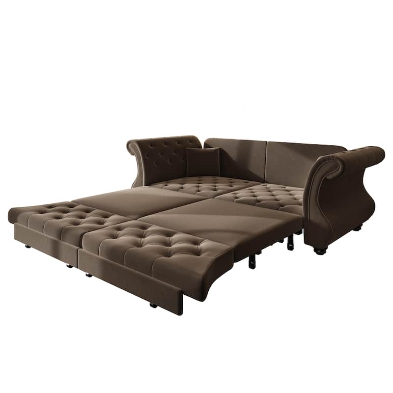 Chesterfield Pull Out Sofa Bed, Oversized 3-Seater/4-Seater Velvet Couch with Flared Arms, Convertible Sleeper Sofa