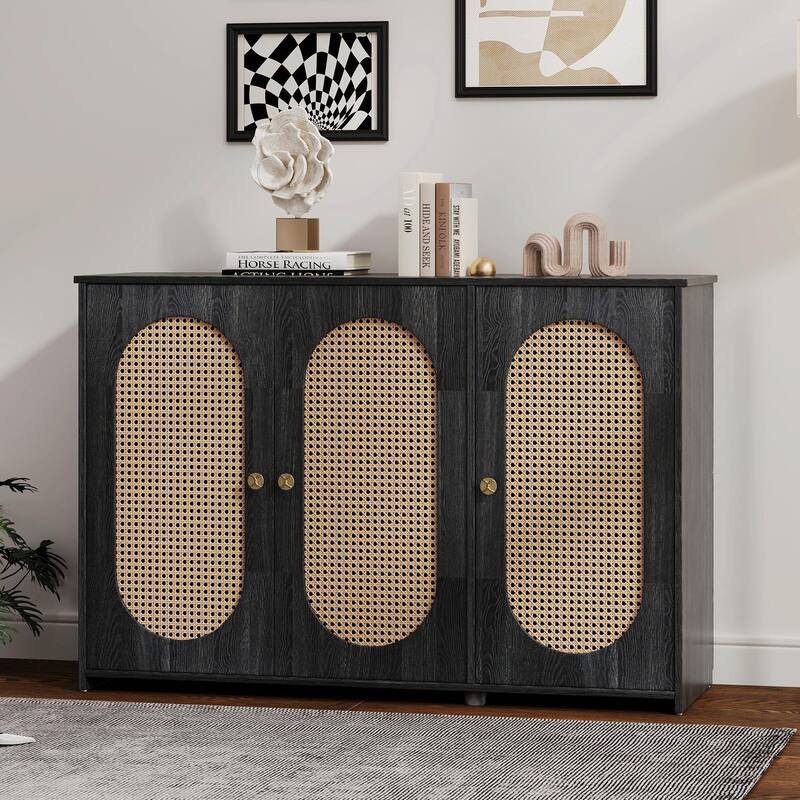 Retro 3-Door Sideboard - Large Storage with Rattan Doors and Metal Handles