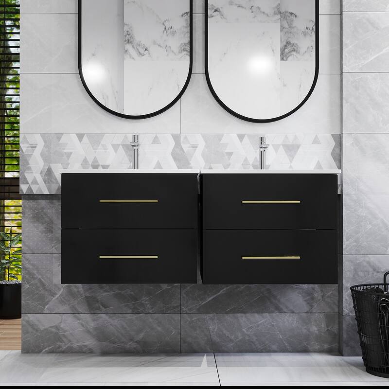 24-Inch Wall-Mounted Bathroom Vanity with Sink Combo,Double Drawers, Ceramic Basin, Easy Assemble,2 Storage Drawers