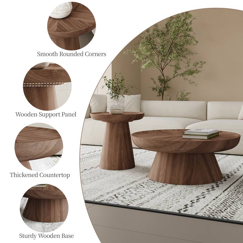 Coffee Table Set of 2, Brown, Solid Wood Texture