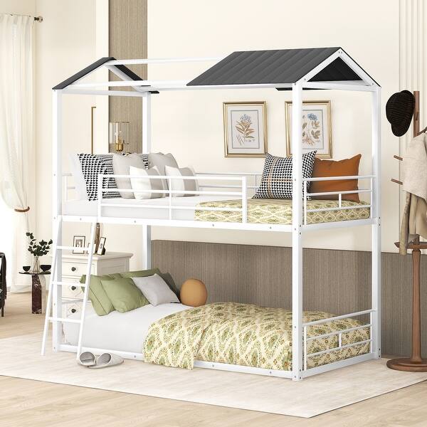 slide 2 of 9, Twin Over Twin Full-length Guardrails Bunk Bed Metal Bed with Half Roof, Guardrail and Ladder White