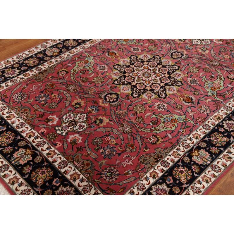 Floral Pink Tabriz Persian Rug Handmade Wool & Silk Carpet - 4'1"x 7'0"