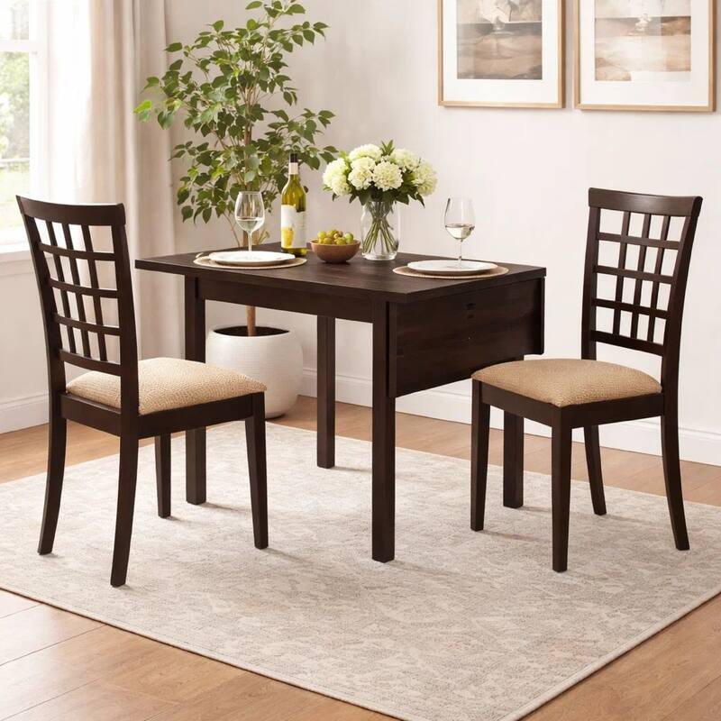 Elso 4pc Dining Set, Table w Drop Leaf, Brown, 3 Lattice Style Chair