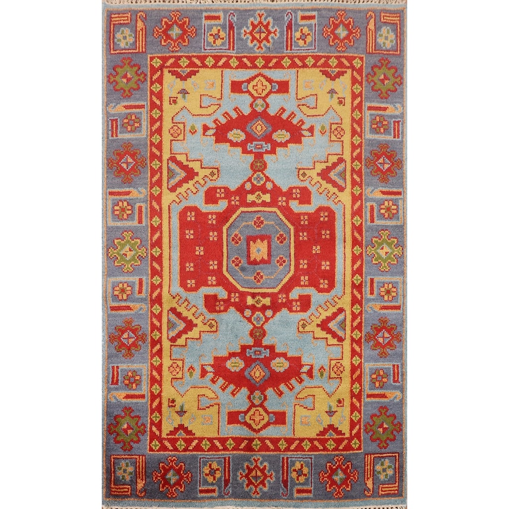 Geometric Kazak Oriental Foyer Rug Hand-Knotted Wool Carpet - 3'11"x 5'11"
