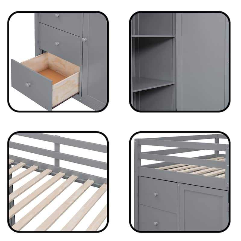 Full Size Wood Loft Bed With Built-in Wardrobes