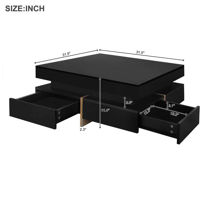 High Gloss Coffee Table Square Black Cocktail Table w/ Storage Drawers