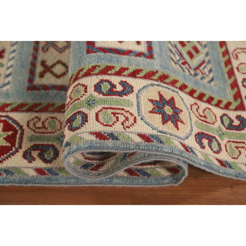 Light Blue Kazak Runner Rug Hand-Knotted Geometric Wool Carpet - 3'4" x 16'0"