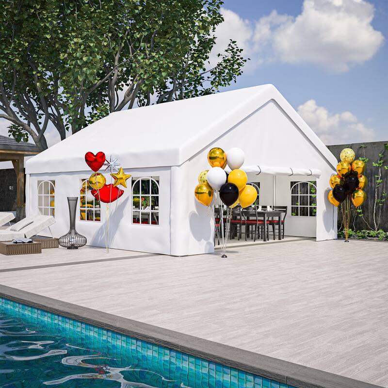 Large White Event Canopy Tent with Zipper Doors and Waterproof PE Cover for Backyard or Gatherings