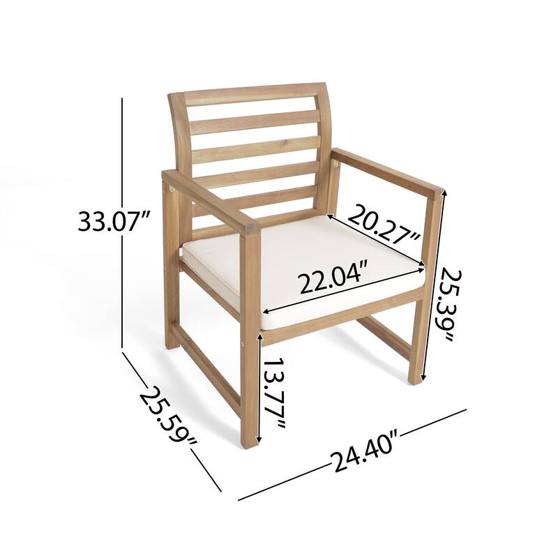 Outdoor Club Chair Set of 2, Slat Back, Brown Acacia Wood, White Fabric