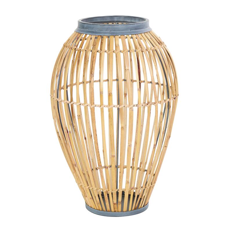 Brown Bamboo Wood Handmade Open Frame Decorative Vase with Blue Metal Accents