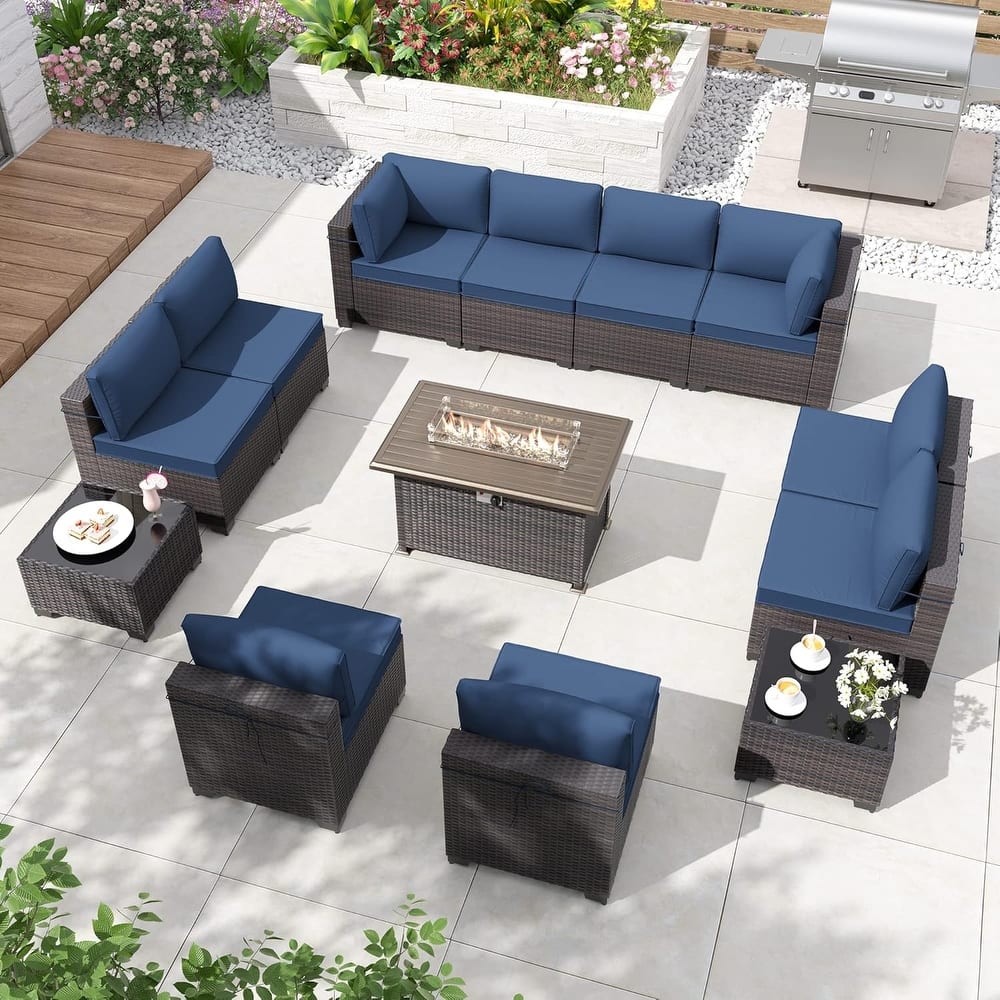 13-Pieces Wicker Patio Furniture Set, Outdoor Sectional Chairs with Firepit Table & Side Table