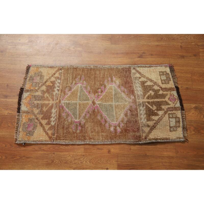 Tribal Brown Anatolian Oriental Foyer Rug Hand-Knotted Wool Carpet - 1'4" x 2'6"