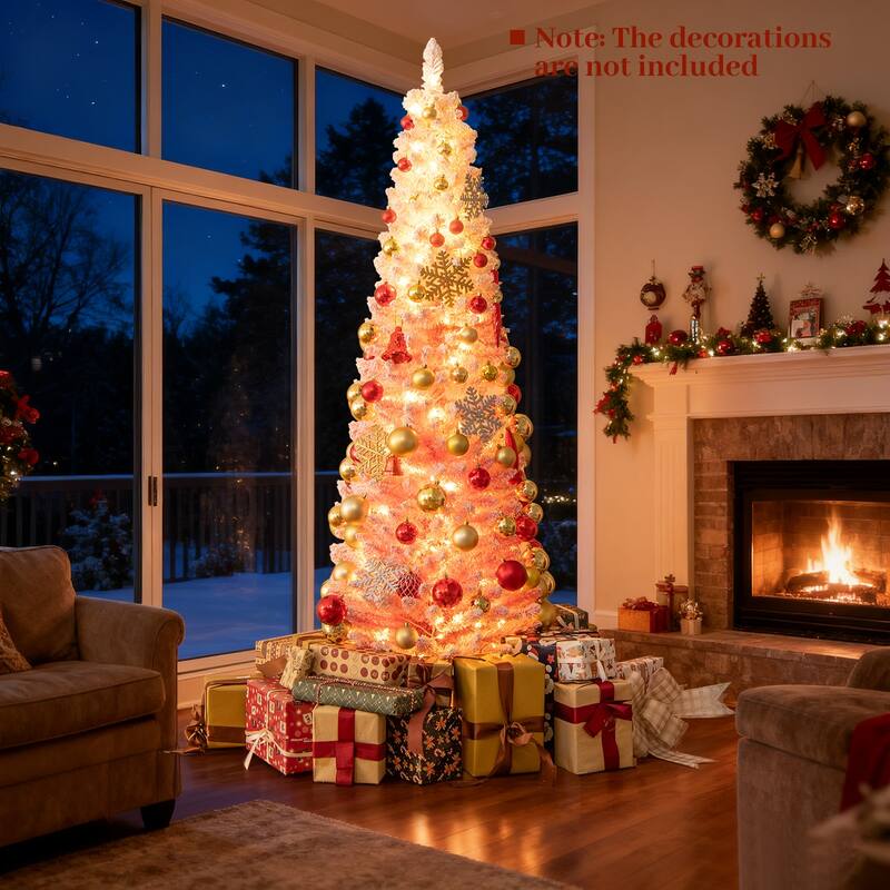 Gymax Pre-Lit Christmas Tree Slim Pencil Xmas Tree w/ Snow Flocked PVC